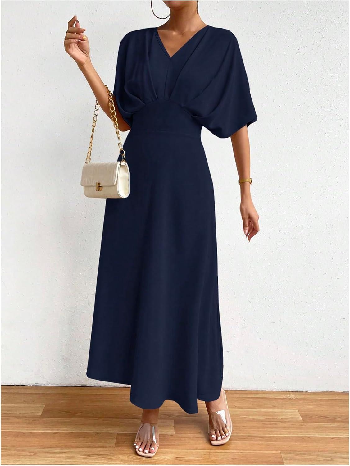 imageFloerns Womens V Neck Half Sleeve Ruched Cocktail Evening A Line Long DressBlue Ink