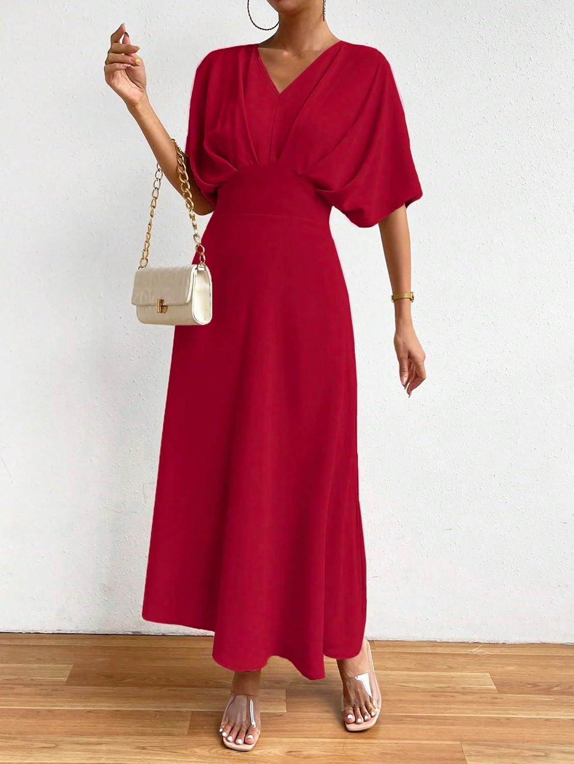 imageFloerns Womens V Neck Half Sleeve Ruched Cocktail Evening A Line Long DressBurgundy Solid