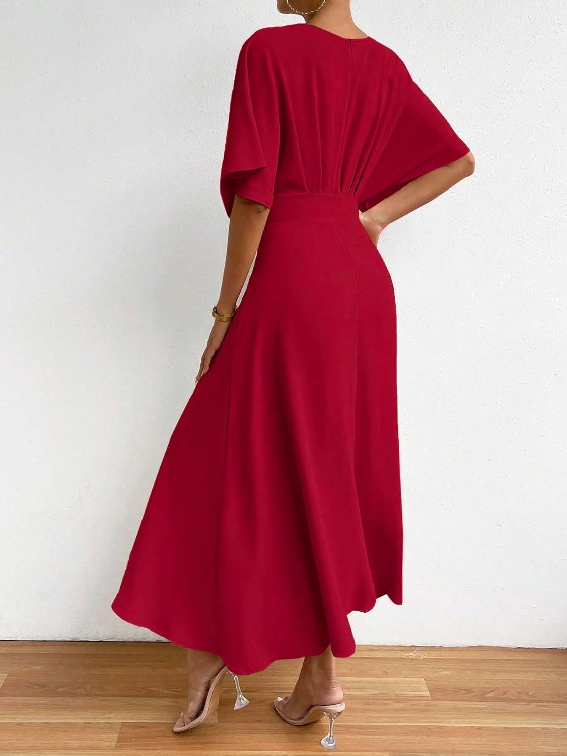 imageFloerns Womens V Neck Half Sleeve Ruched Cocktail Evening A Line Long DressBurgundy Solid