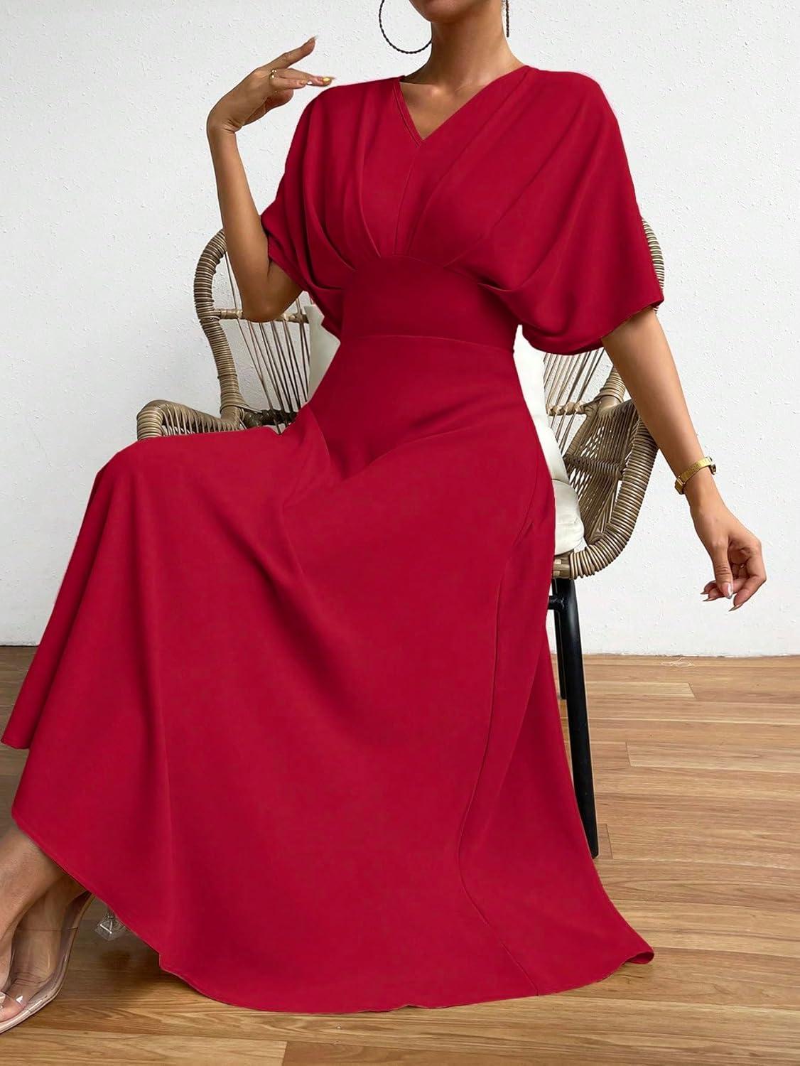 imageFloerns Womens V Neck Half Sleeve Ruched Cocktail Evening A Line Long DressBurgundy Solid