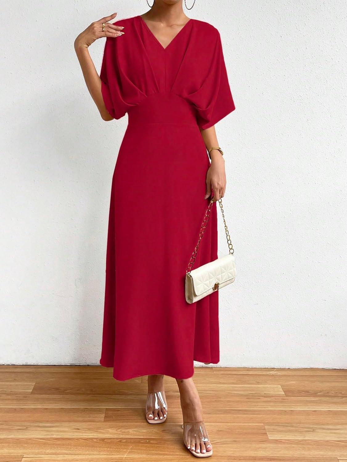 imageFloerns Womens V Neck Half Sleeve Ruched Cocktail Evening A Line Long DressBurgundy Solid