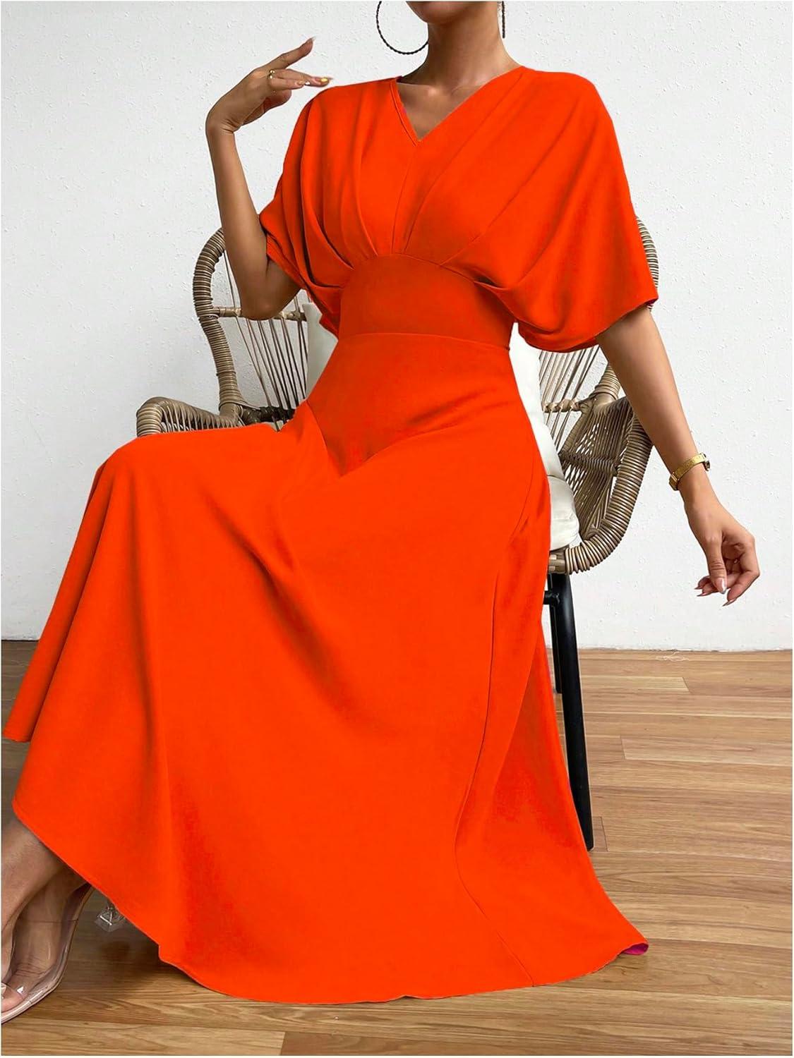 imageFloerns Womens V Neck Half Sleeve Ruched Cocktail Evening A Line Long DressBurnt Orange