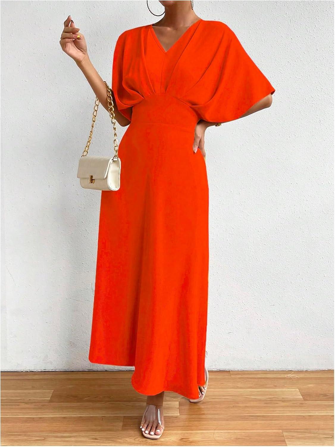imageFloerns Womens V Neck Half Sleeve Ruched Cocktail Evening A Line Long DressBurnt Orange