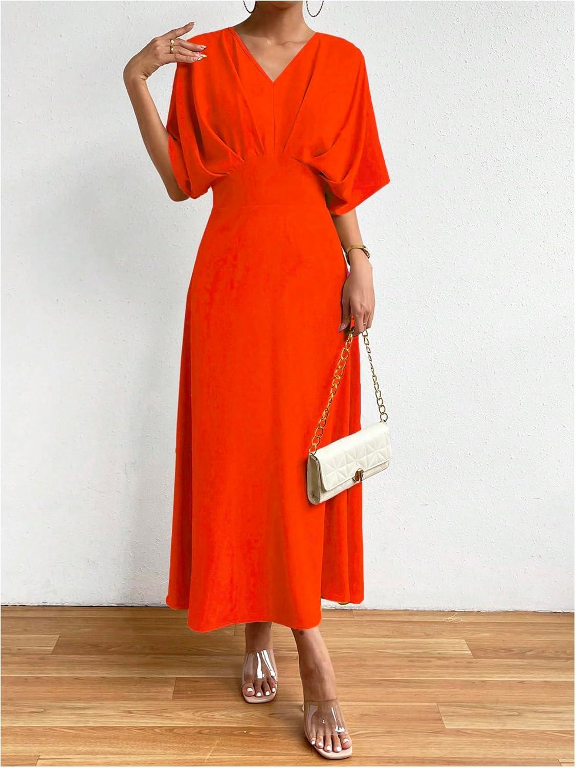 imageFloerns Womens V Neck Half Sleeve Ruched Cocktail Evening A Line Long DressBurnt Orange