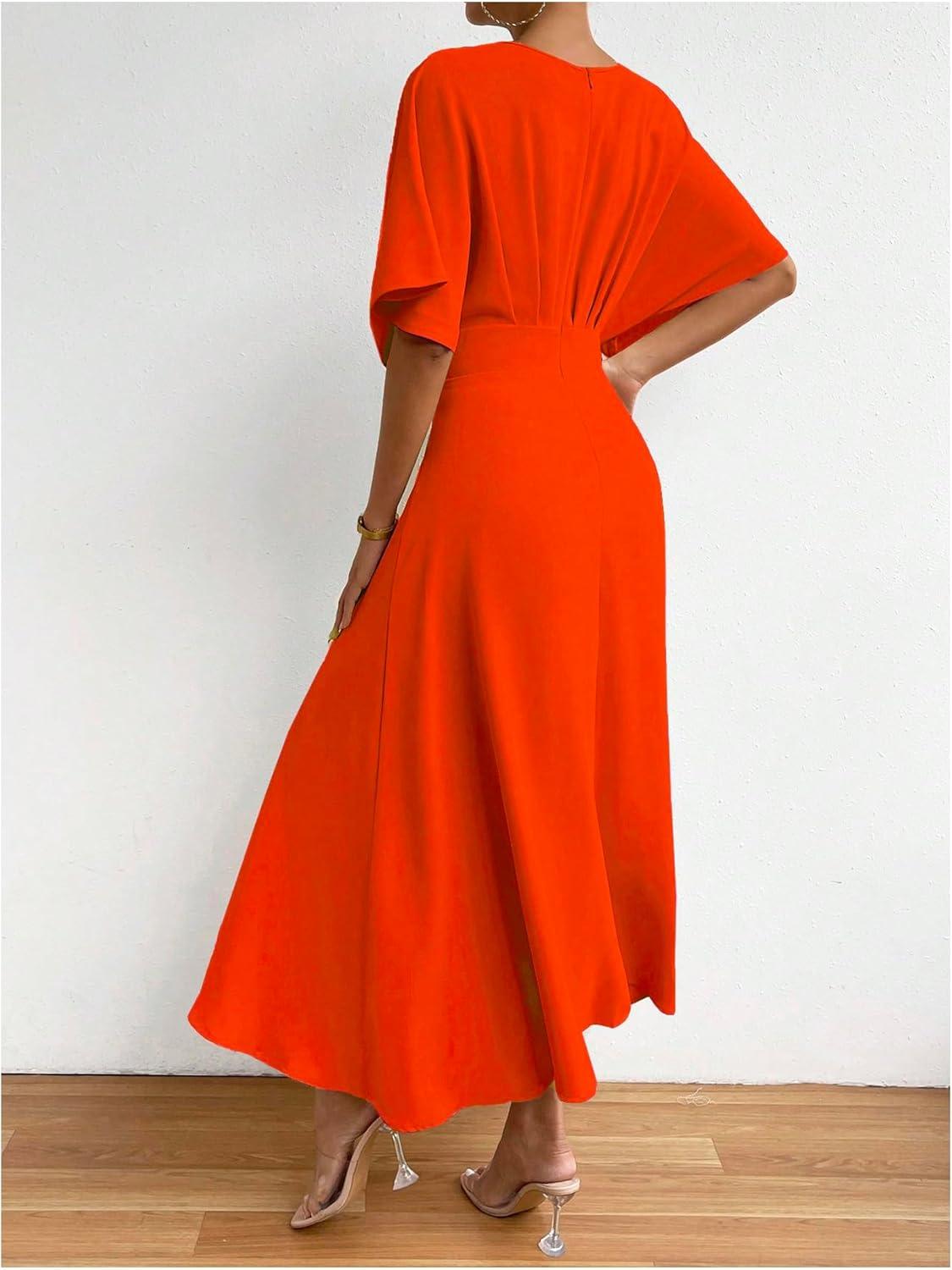 imageFloerns Womens V Neck Half Sleeve Ruched Cocktail Evening A Line Long DressBurnt Orange