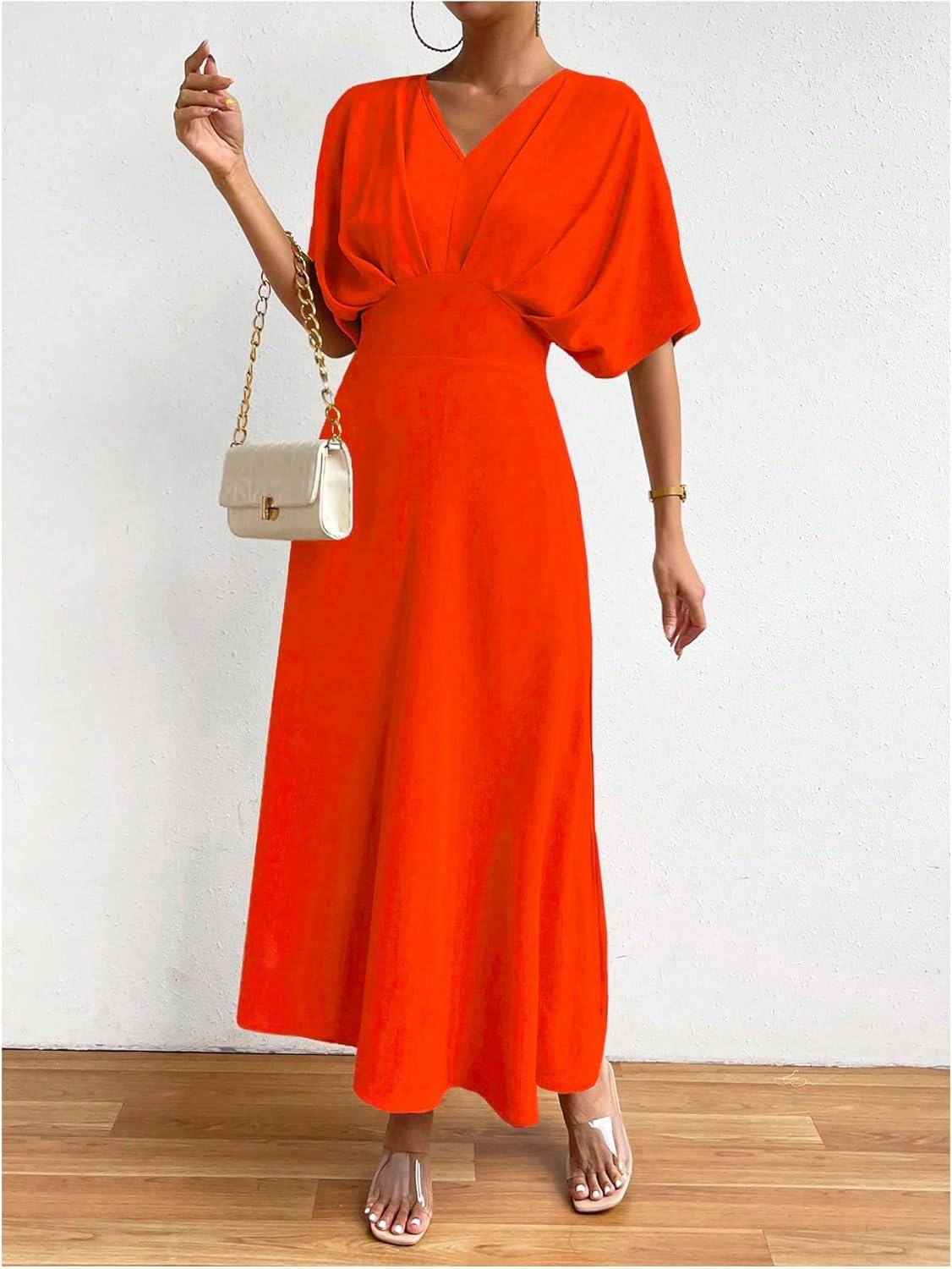 imageFloerns Womens V Neck Half Sleeve Ruched Cocktail Evening A Line Long DressBurnt Orange