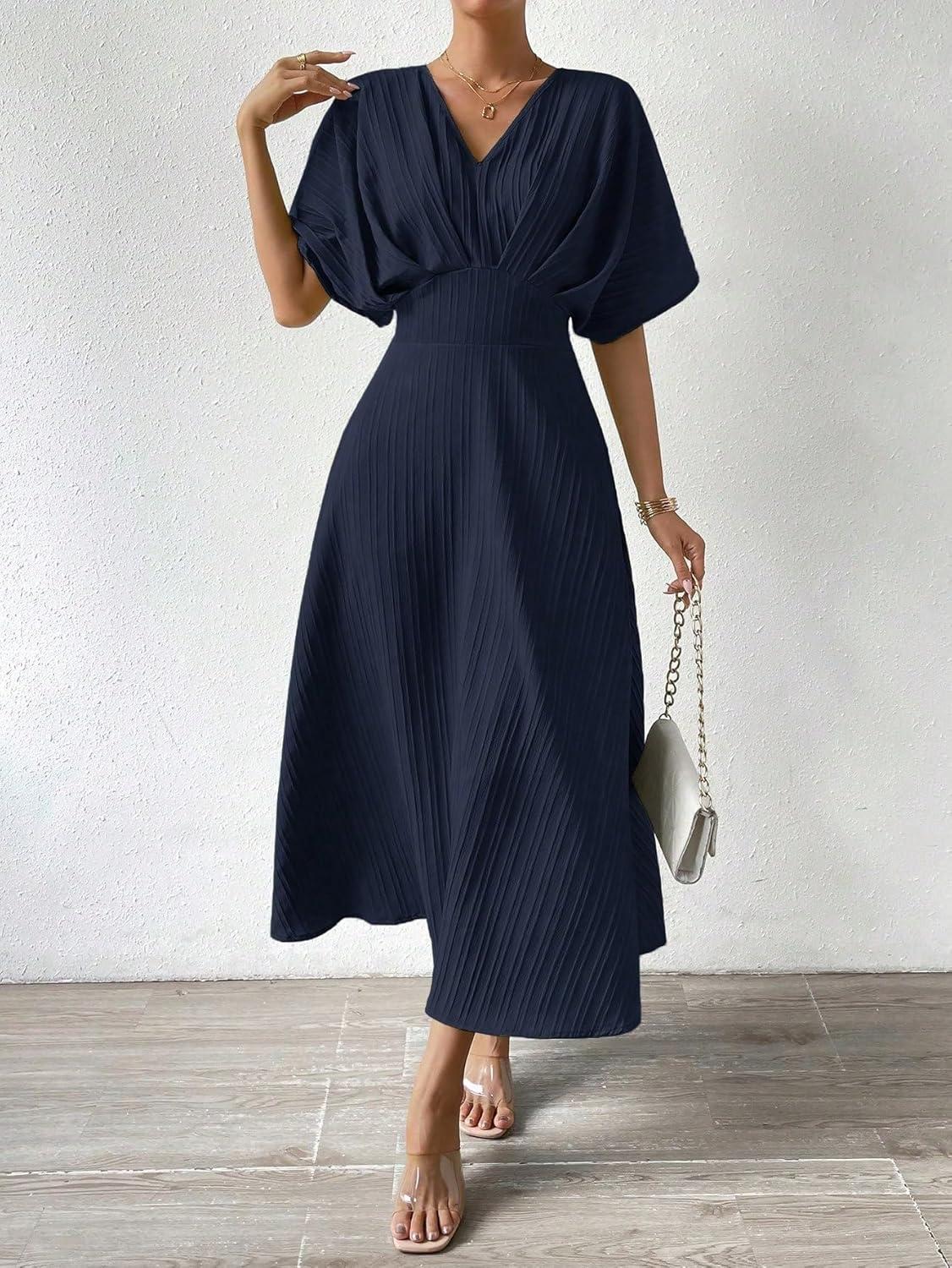 imageFloerns Womens V Neck Half Sleeve Ruched Cocktail Evening A Line Long DressDark Blue