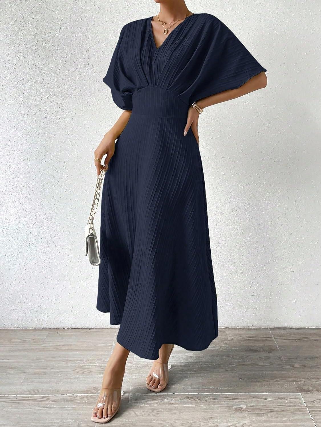 imageFloerns Womens V Neck Half Sleeve Ruched Cocktail Evening A Line Long DressDark Blue