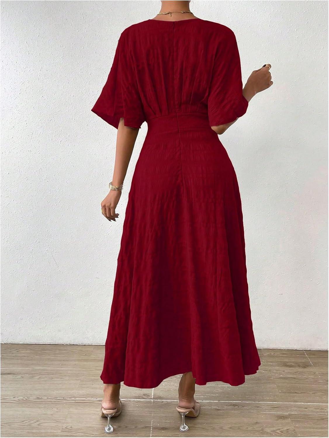 imageFloerns Womens V Neck Half Sleeve Ruched Cocktail Evening A Line Long DressDark Burgundy