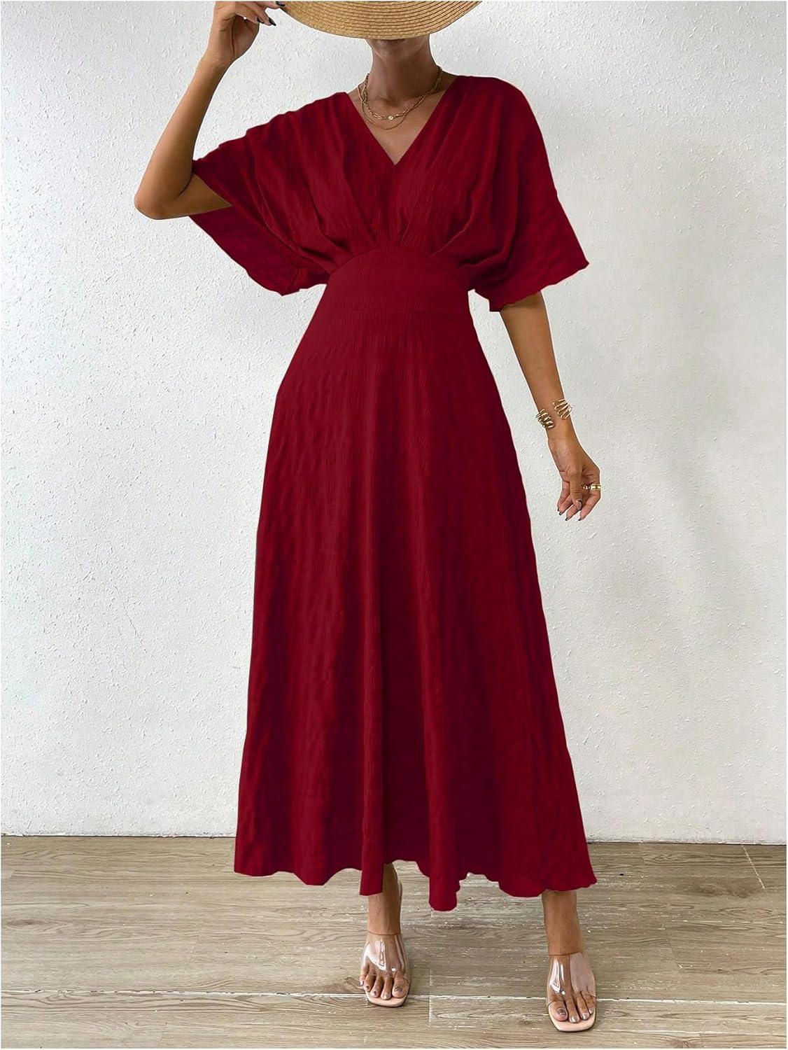 imageFloerns Womens V Neck Half Sleeve Ruched Cocktail Evening A Line Long DressDark Burgundy