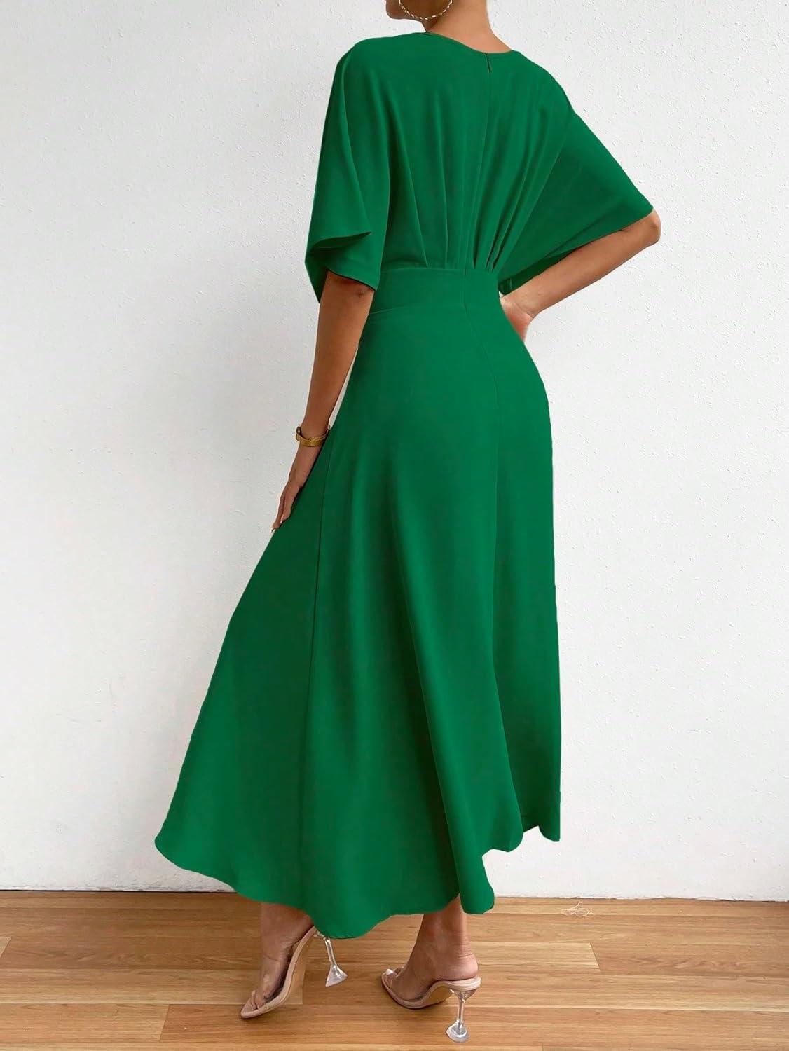 imageFloerns Womens V Neck Half Sleeve Ruched Cocktail Evening A Line Long DressDark Green
