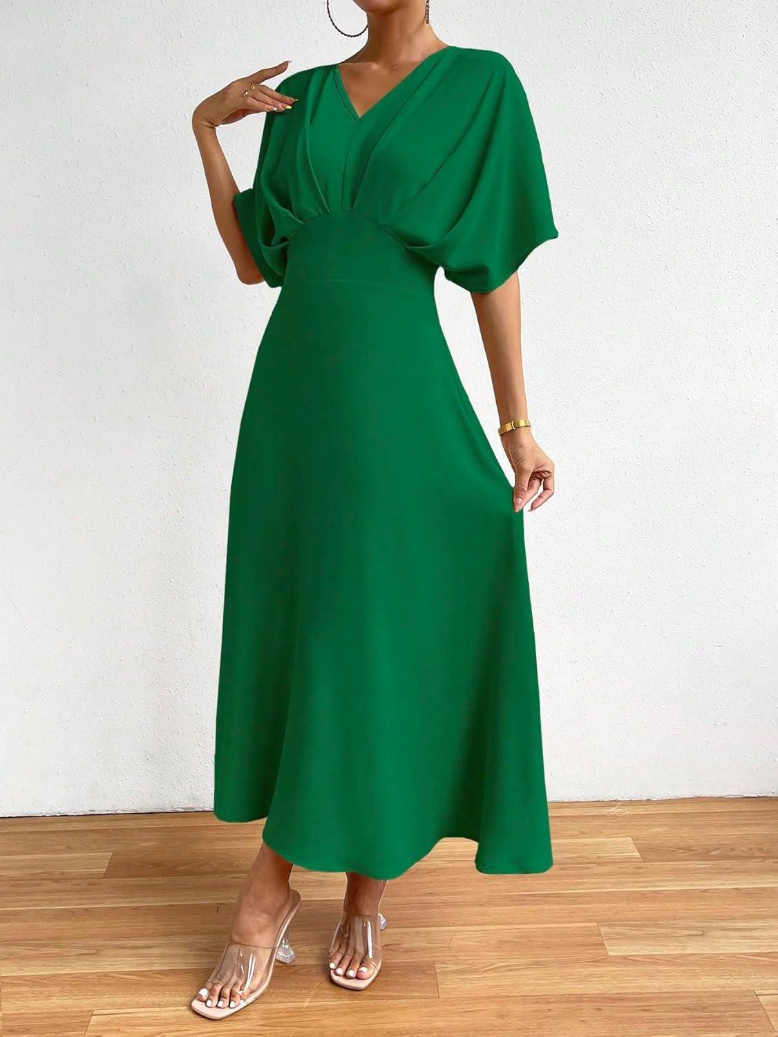 imageFloerns Womens V Neck Half Sleeve Ruched Cocktail Evening A Line Long DressDark Green