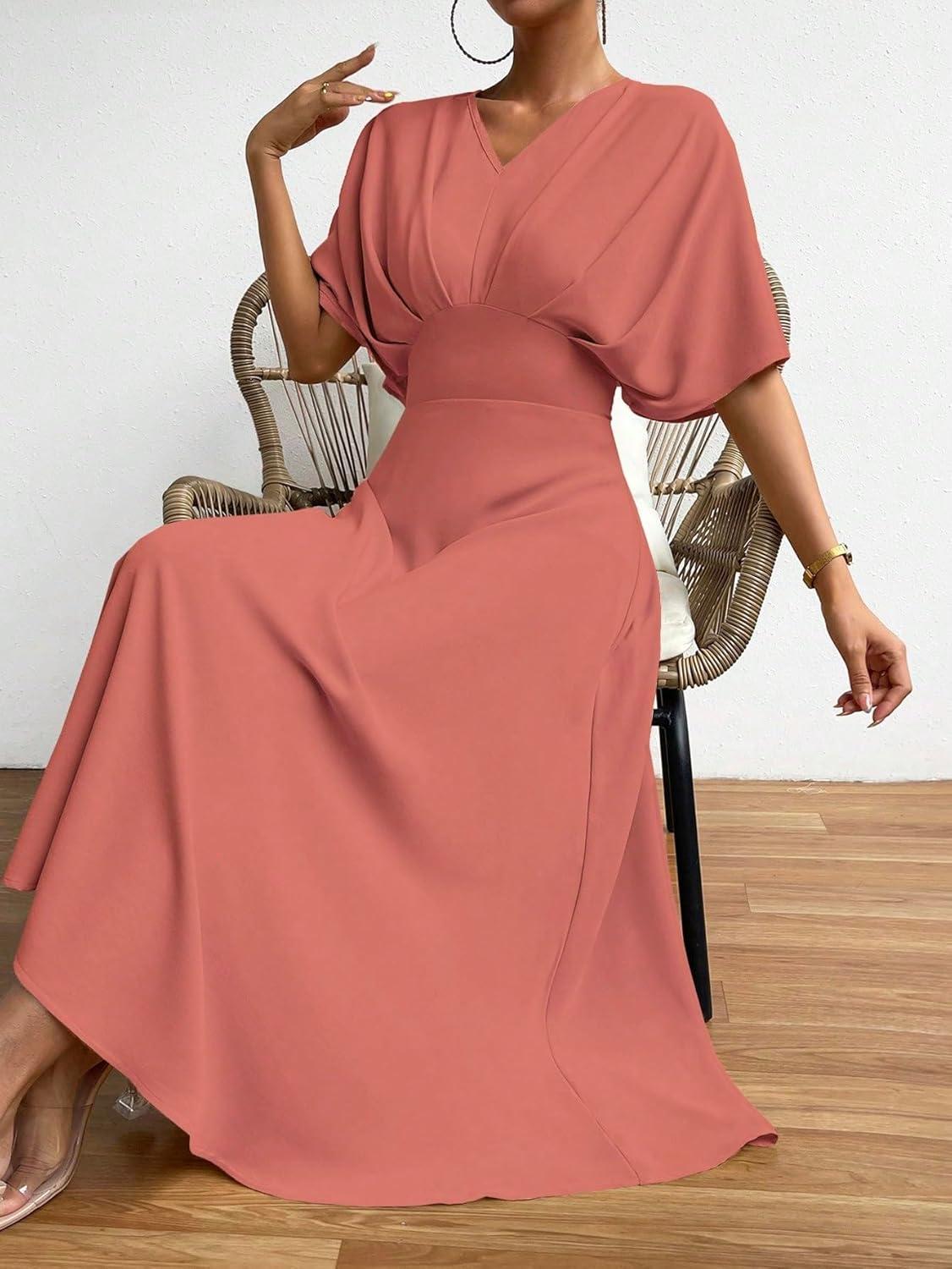 imageFloerns Womens V Neck Half Sleeve Ruched Cocktail Evening A Line Long DressDusty Pink