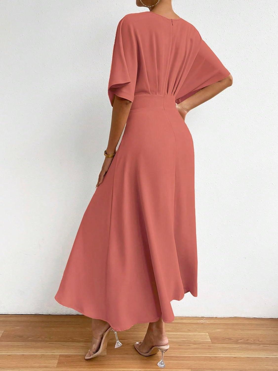 imageFloerns Womens V Neck Half Sleeve Ruched Cocktail Evening A Line Long DressDusty Pink