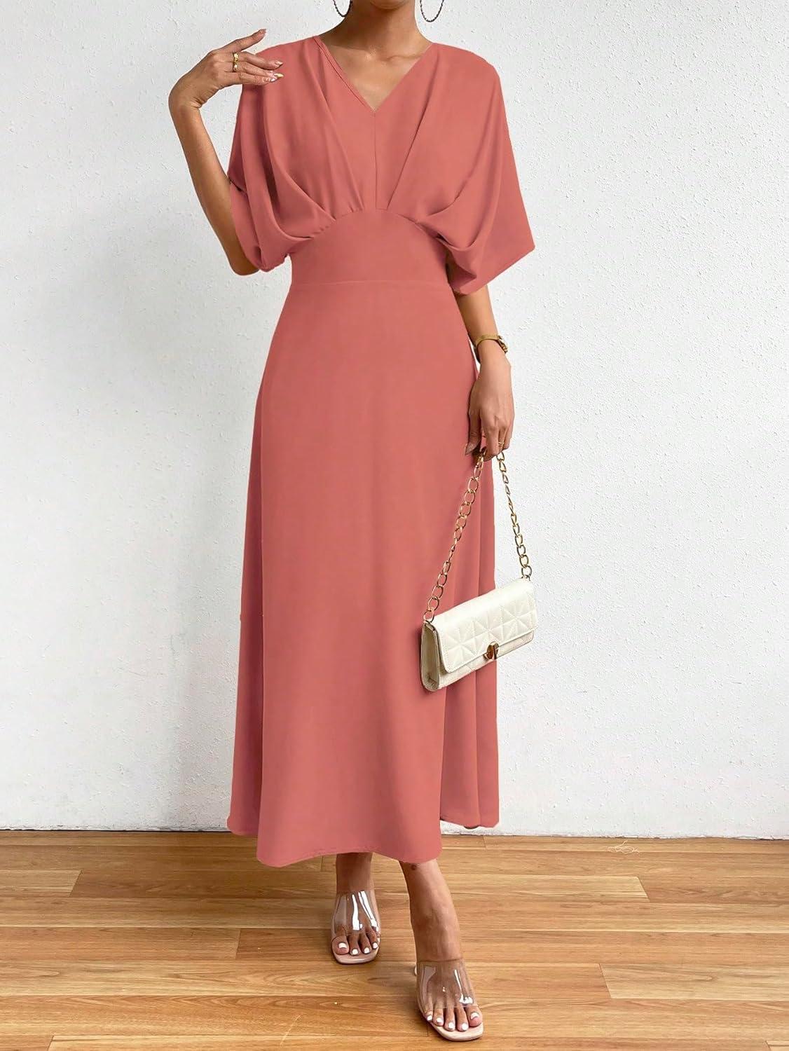imageFloerns Womens V Neck Half Sleeve Ruched Cocktail Evening A Line Long DressDusty Pink