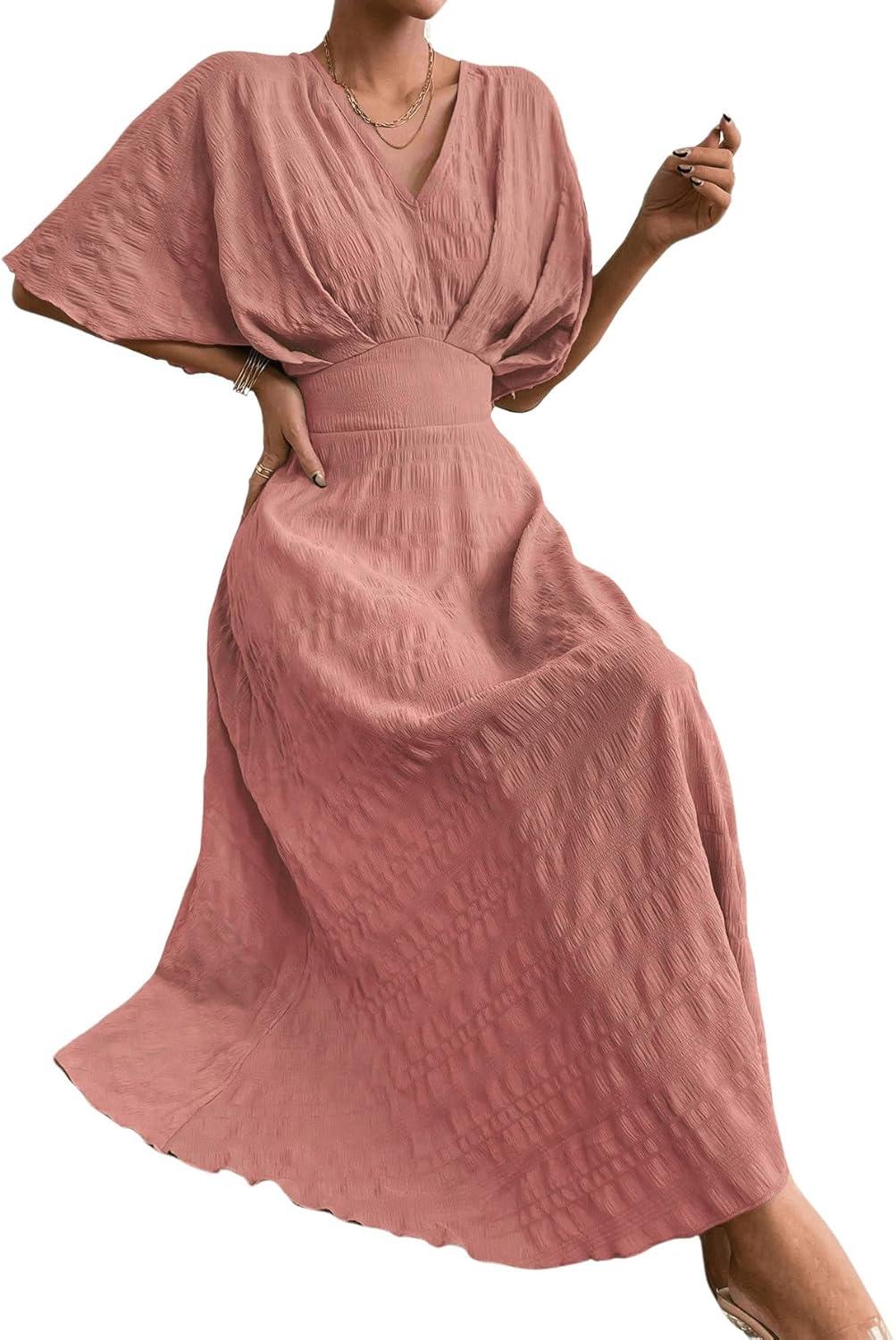 imageFloerns Womens V Neck Half Sleeve Ruched Cocktail Evening A Line Long DressGrey Pink