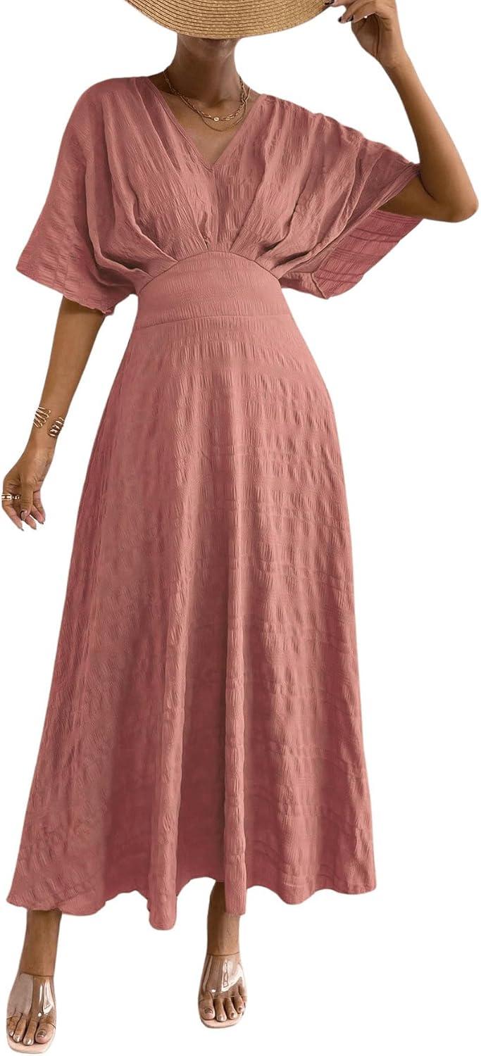 imageFloerns Womens V Neck Half Sleeve Ruched Cocktail Evening A Line Long DressGrey Pink