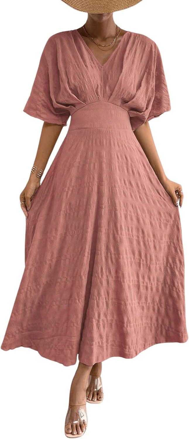 imageFloerns Womens V Neck Half Sleeve Ruched Cocktail Evening A Line Long DressGrey Pink