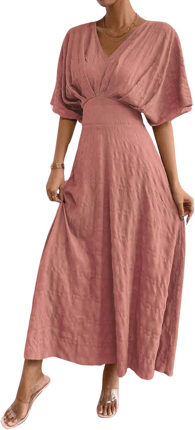 imageFloerns Womens V Neck Half Sleeve Ruched Cocktail Evening A Line Long DressGrey Pink