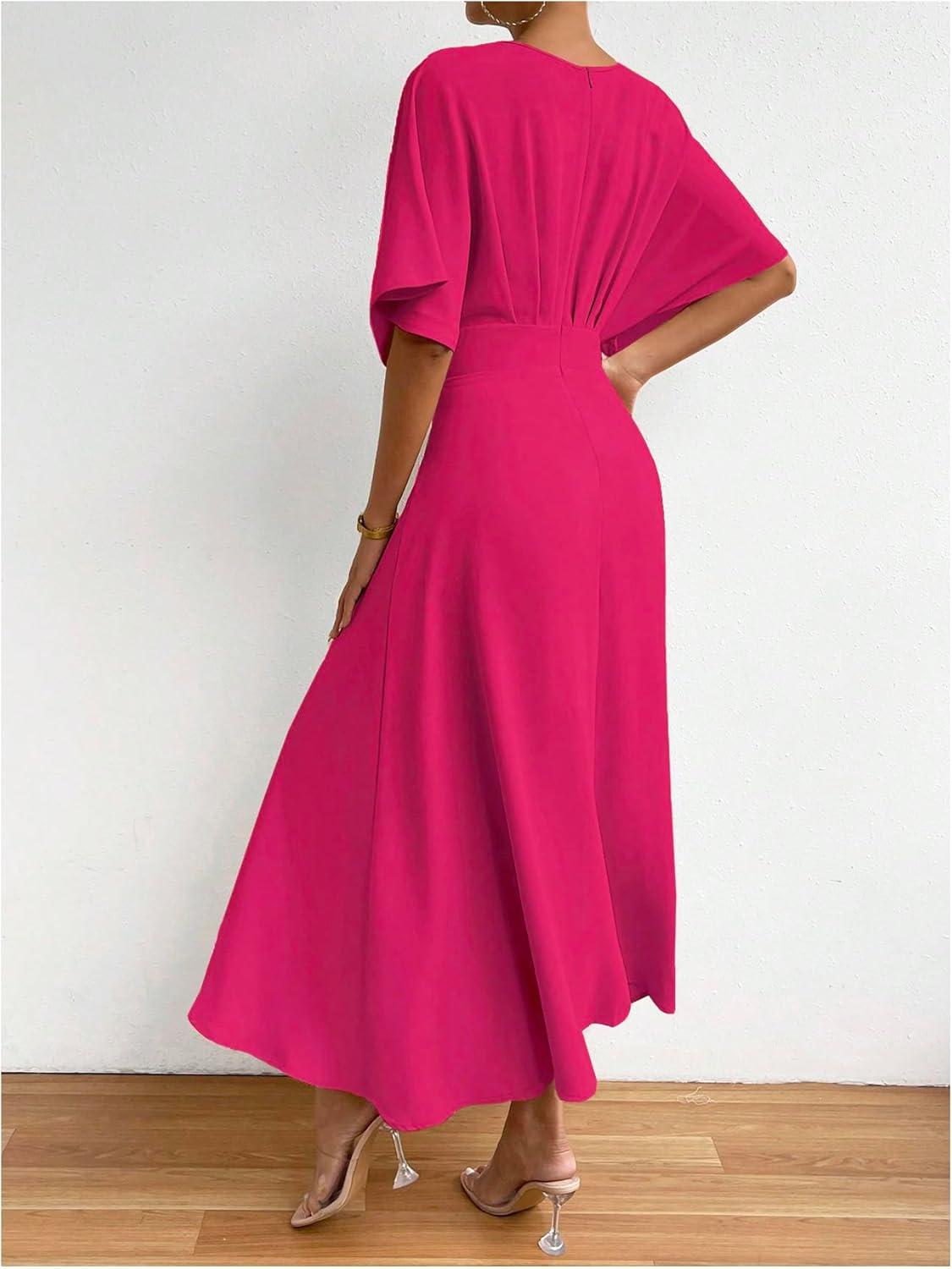 imageFloerns Womens V Neck Half Sleeve Ruched Cocktail Evening A Line Long DressHot Pink