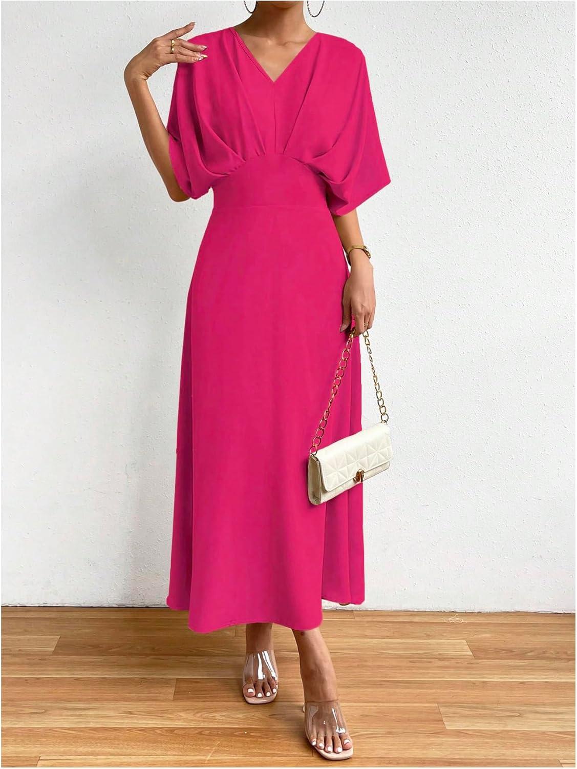 imageFloerns Womens V Neck Half Sleeve Ruched Cocktail Evening A Line Long DressHot Pink