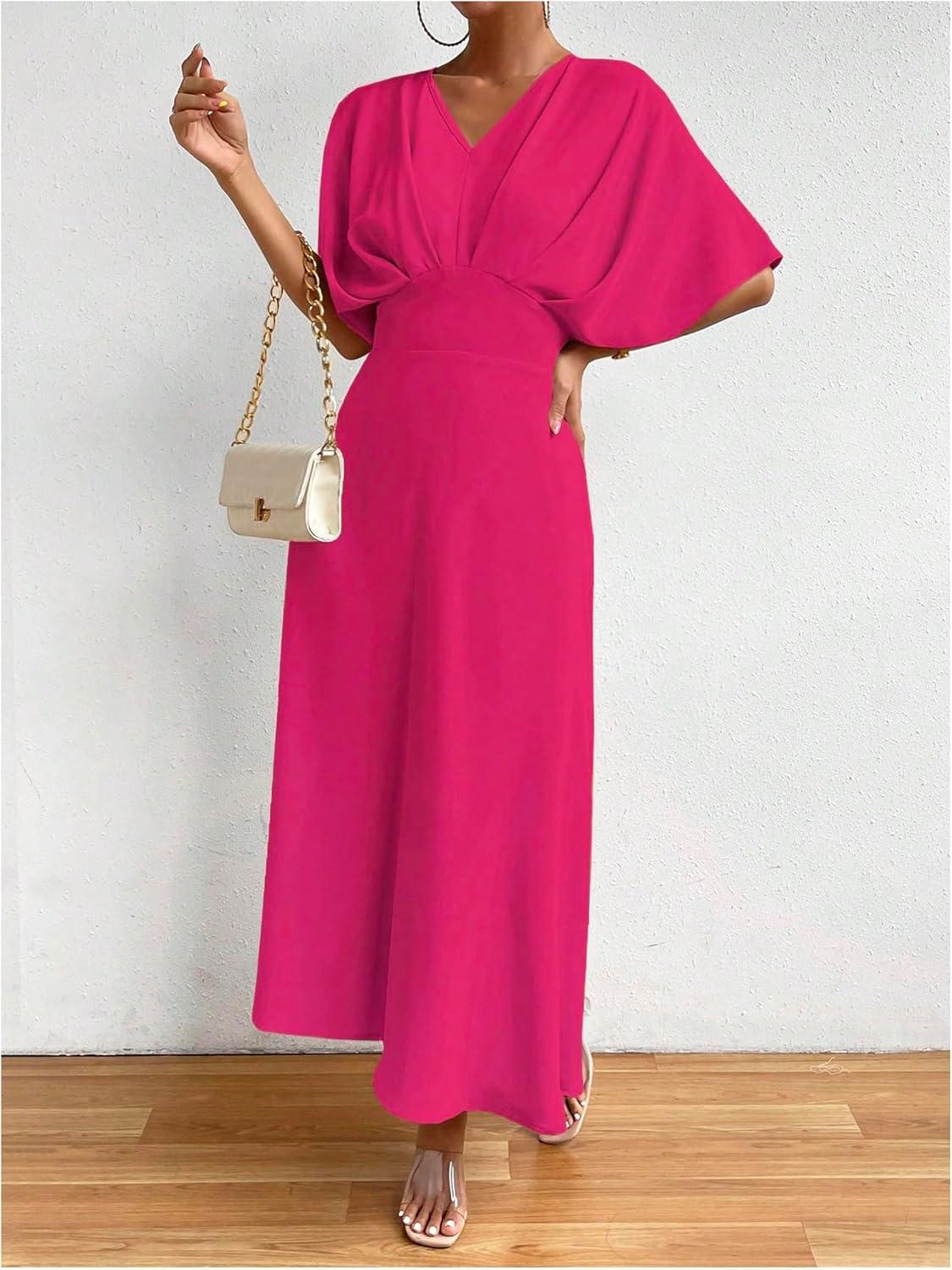 imageFloerns Womens V Neck Half Sleeve Ruched Cocktail Evening A Line Long DressHot Pink