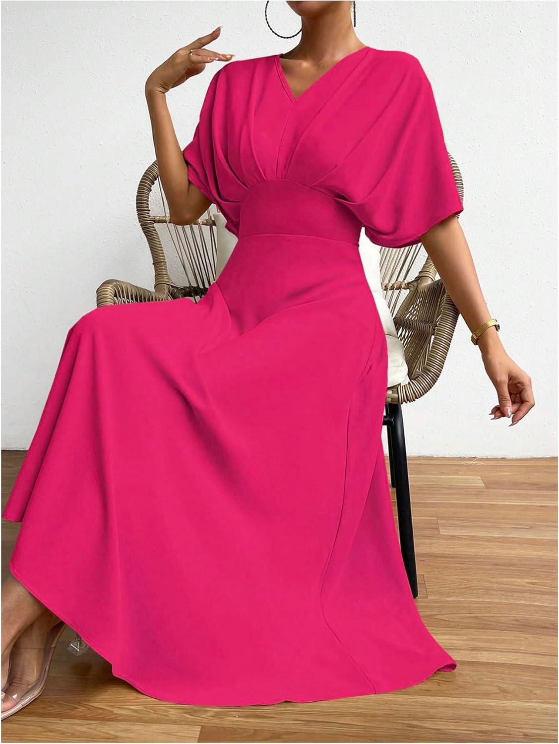 imageFloerns Womens V Neck Half Sleeve Ruched Cocktail Evening A Line Long DressHot Pink