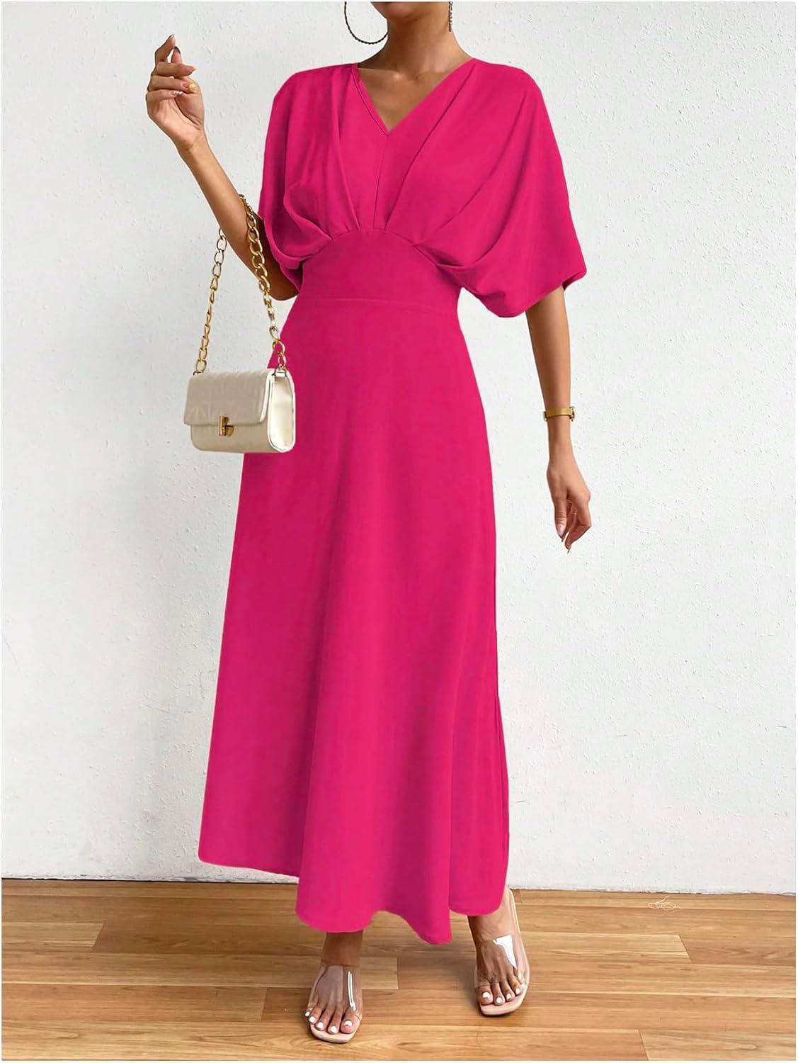imageFloerns Womens V Neck Half Sleeve Ruched Cocktail Evening A Line Long DressHot Pink