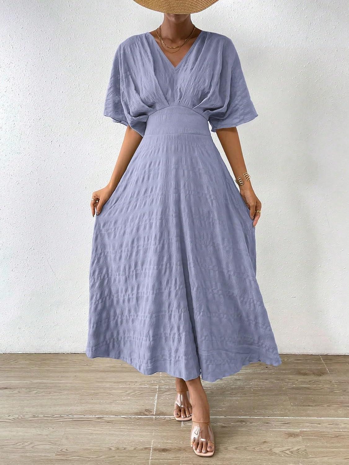 imageFloerns Womens V Neck Half Sleeve Ruched Cocktail Evening A Line Long DressMauve Purple