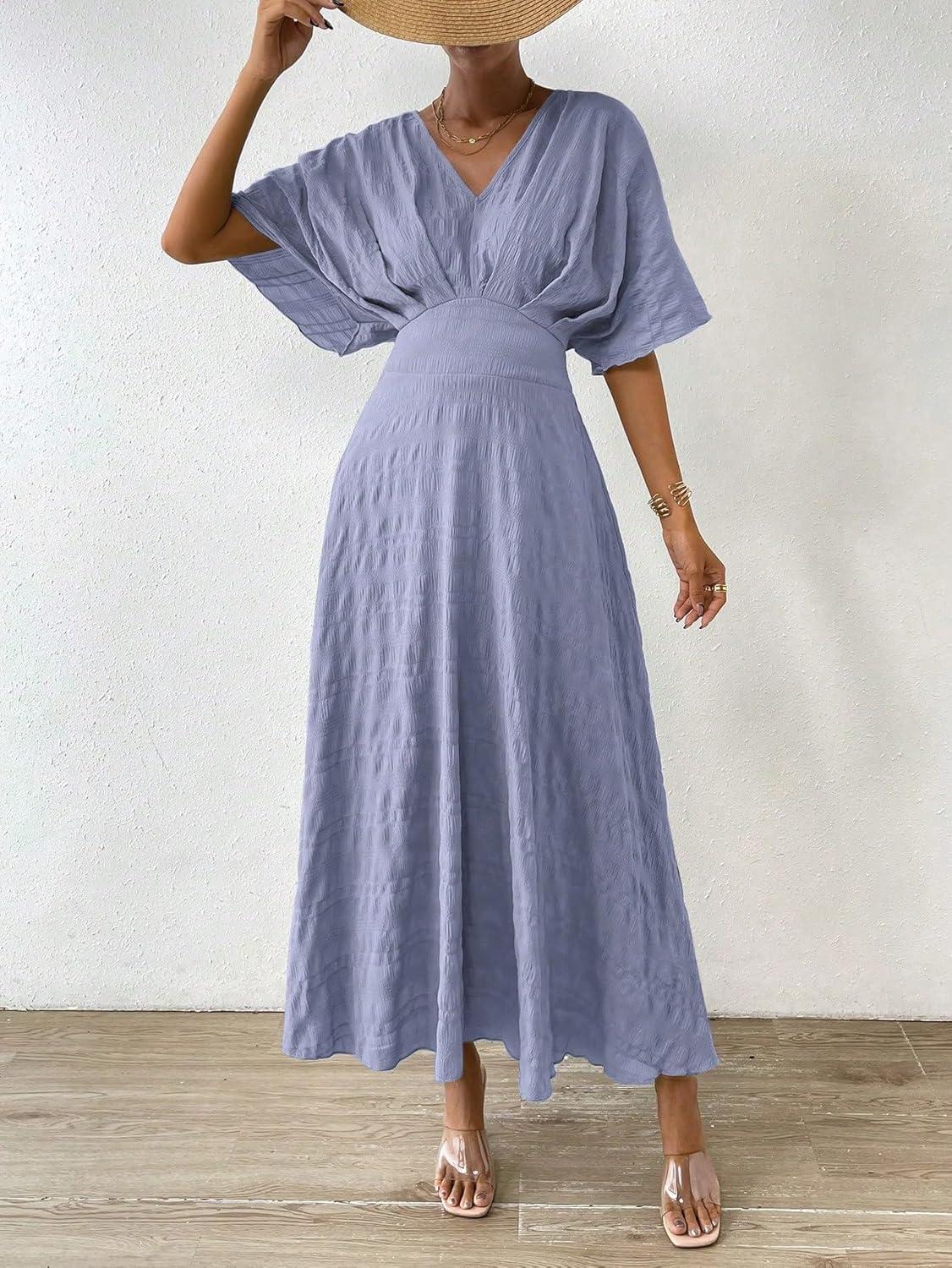 imageFloerns Womens V Neck Half Sleeve Ruched Cocktail Evening A Line Long DressMauve Purple