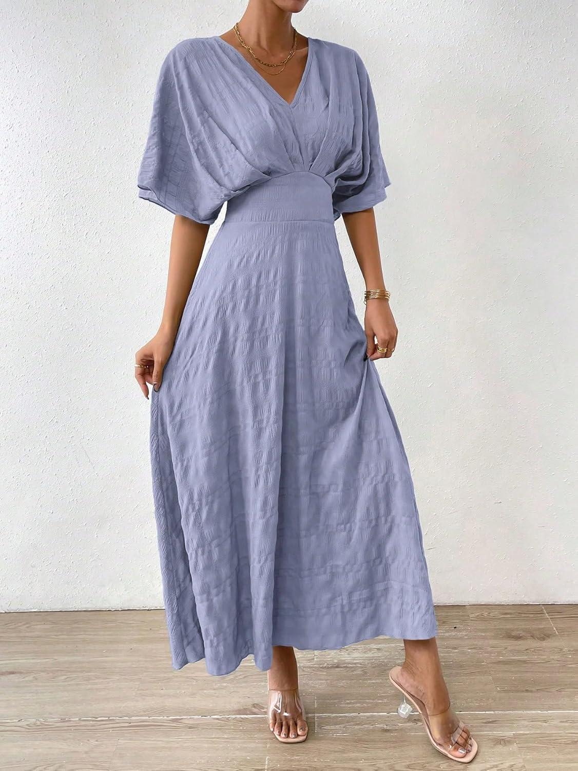imageFloerns Womens V Neck Half Sleeve Ruched Cocktail Evening A Line Long DressMauve Purple