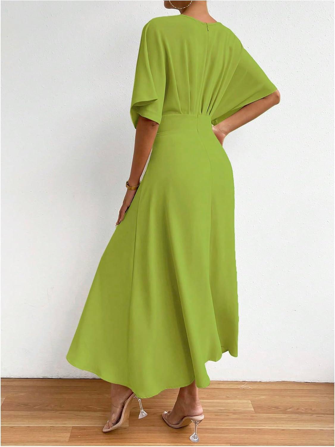 imageFloerns Womens V Neck Half Sleeve Ruched Cocktail Evening A Line Long DressOlive Green