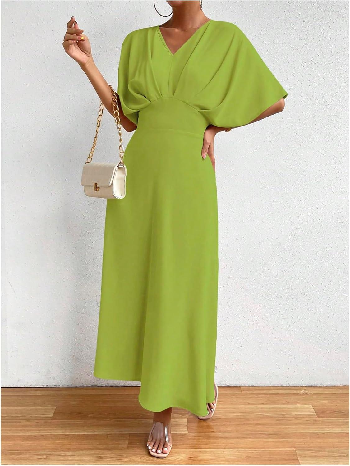 imageFloerns Womens V Neck Half Sleeve Ruched Cocktail Evening A Line Long DressOlive Green