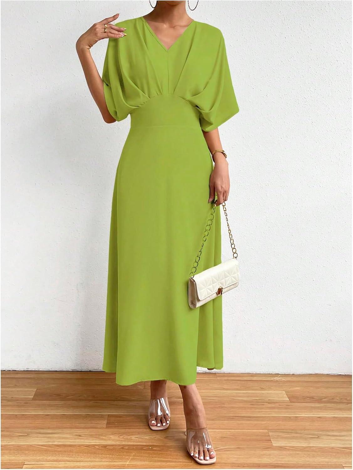 imageFloerns Womens V Neck Half Sleeve Ruched Cocktail Evening A Line Long DressOlive Green