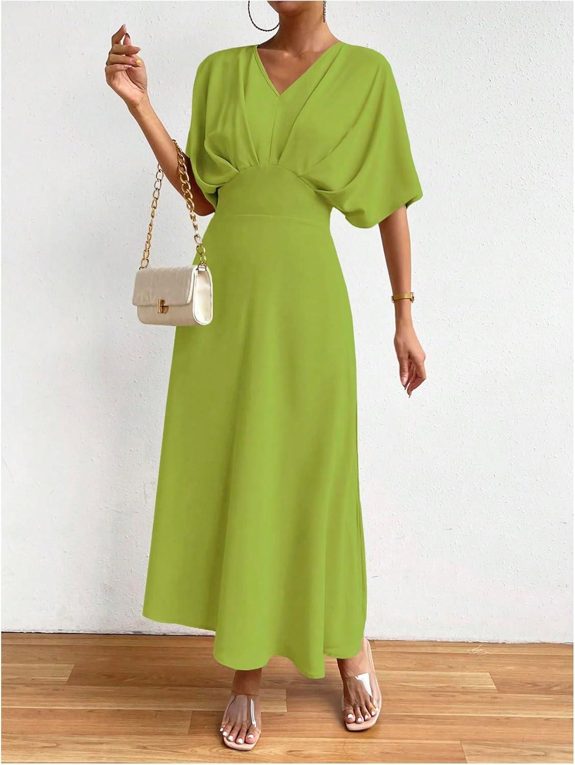 imageFloerns Womens V Neck Half Sleeve Ruched Cocktail Evening A Line Long DressOlive Green