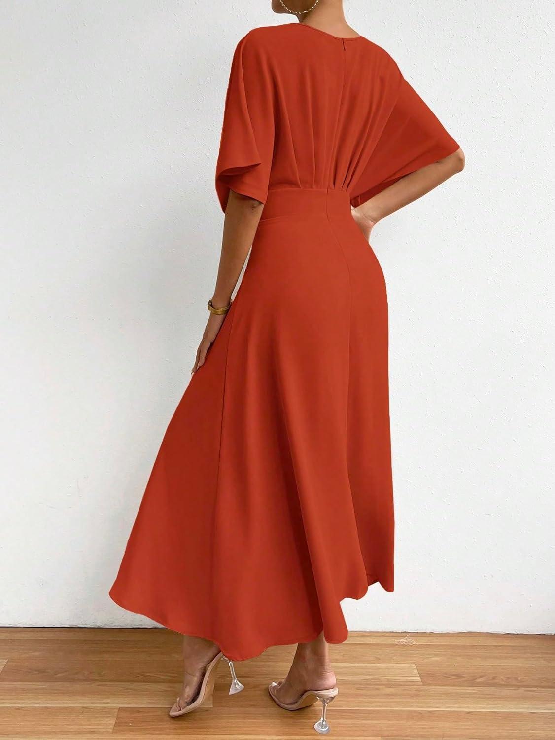imageFloerns Womens V Neck Half Sleeve Ruched Cocktail Evening A Line Long DressRust Brown