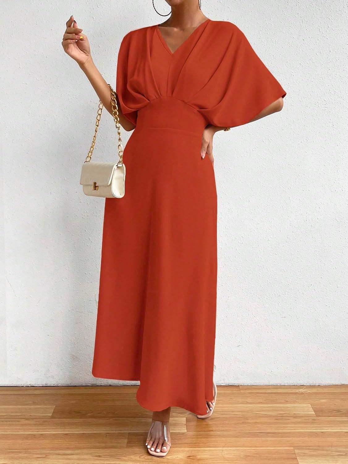 imageFloerns Womens V Neck Half Sleeve Ruched Cocktail Evening A Line Long DressRust Brown