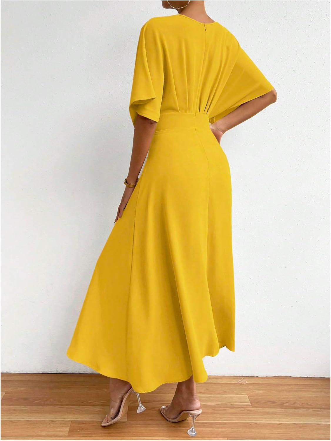 imageFloerns Womens V Neck Half Sleeve Ruched Cocktail Evening A Line Long DressSolid Yellow