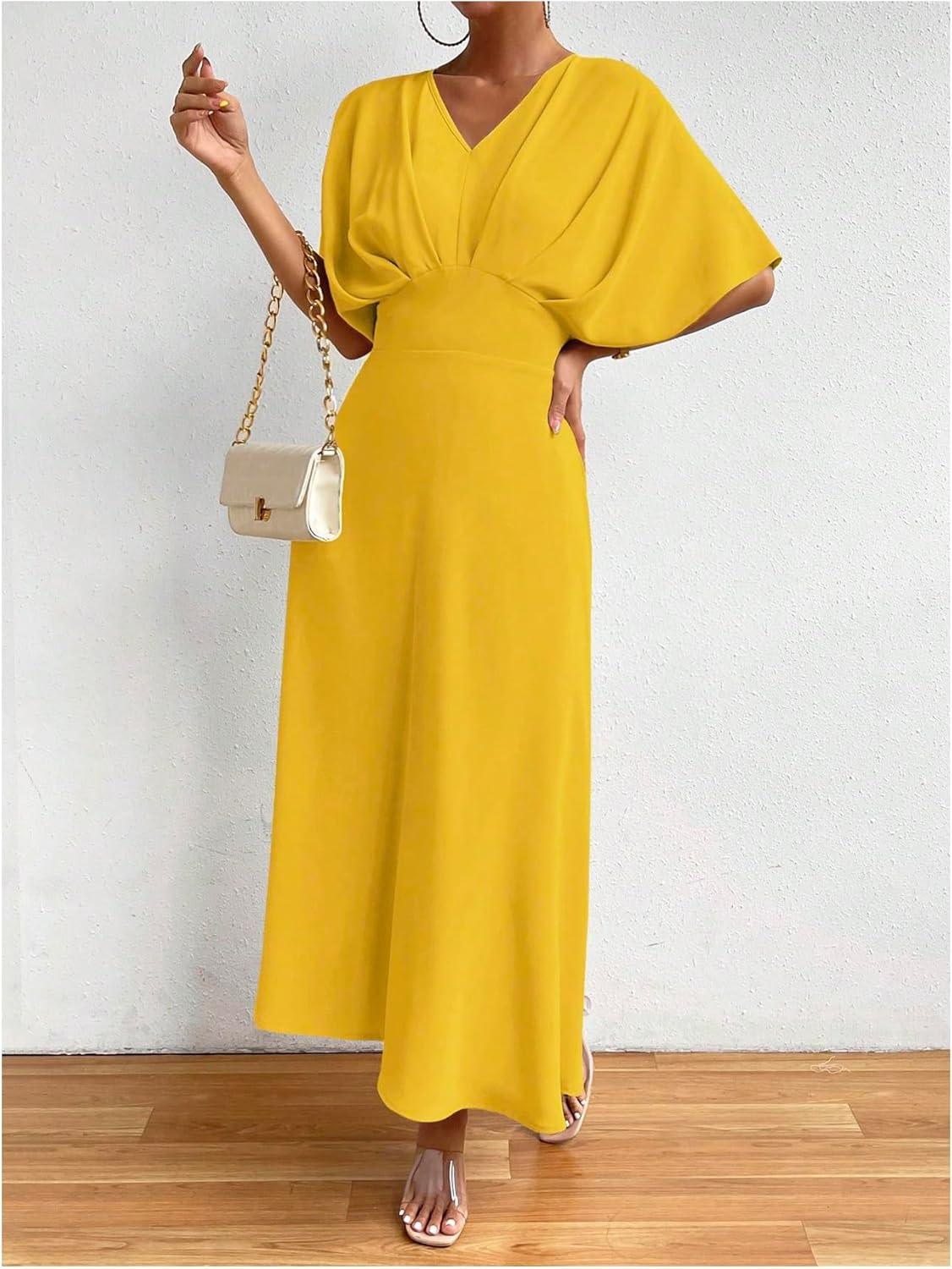 imageFloerns Womens V Neck Half Sleeve Ruched Cocktail Evening A Line Long DressSolid Yellow