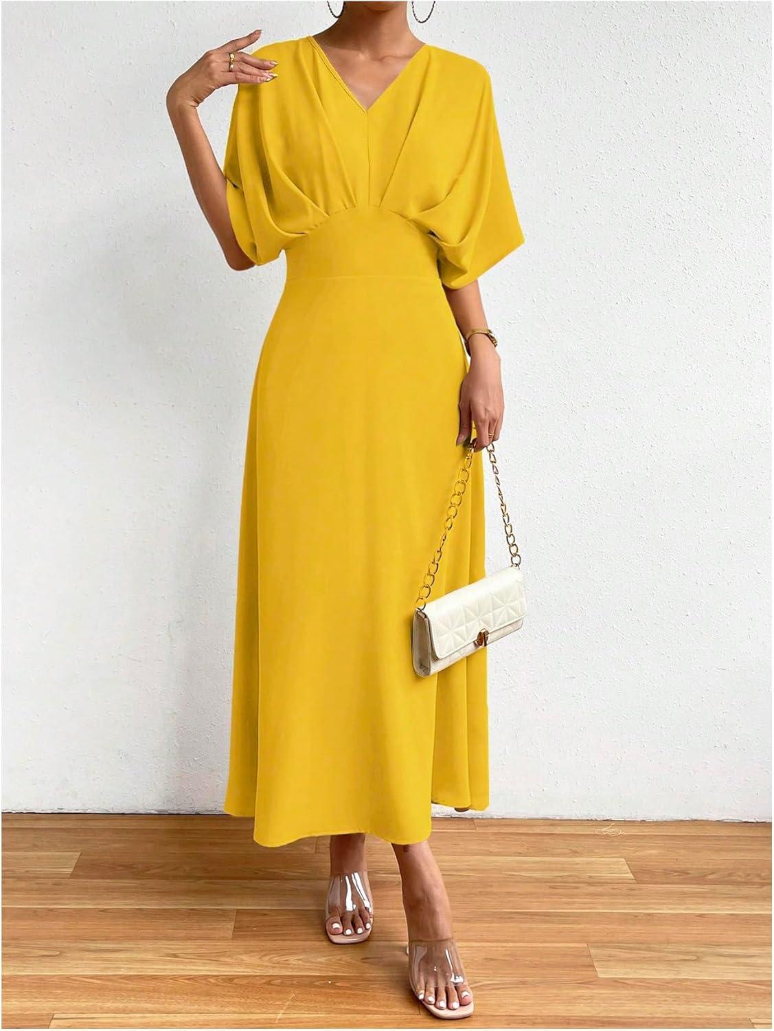 imageFloerns Womens V Neck Half Sleeve Ruched Cocktail Evening A Line Long DressSolid Yellow