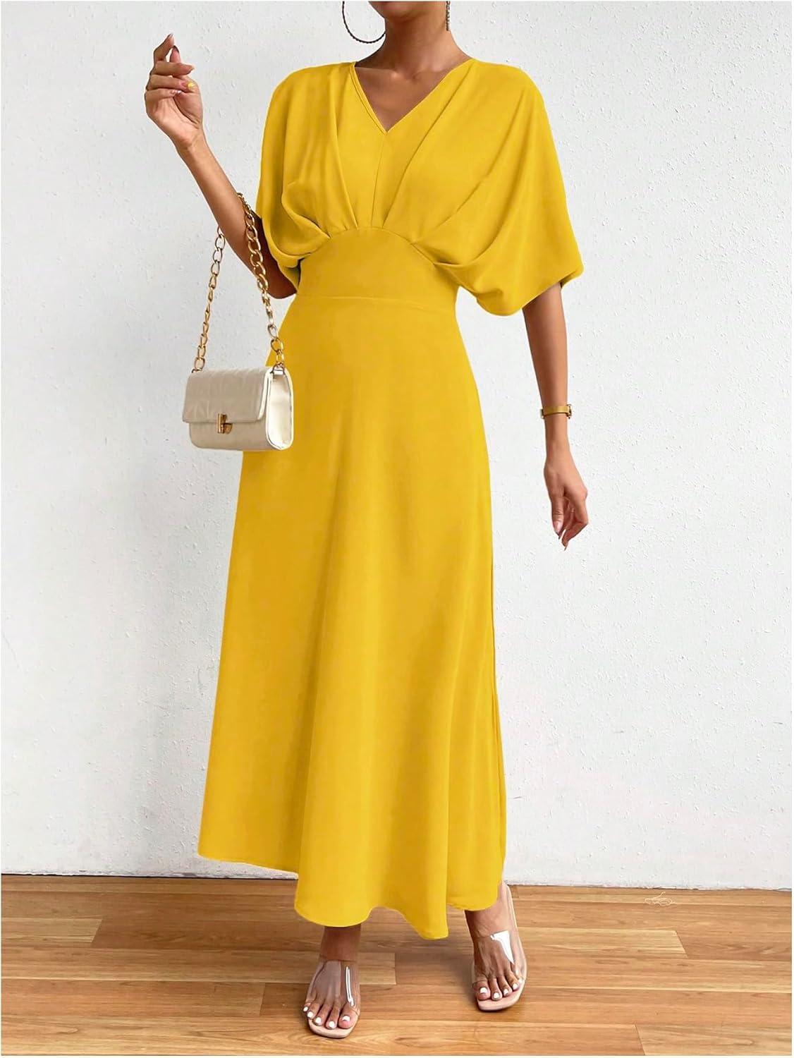 imageFloerns Womens V Neck Half Sleeve Ruched Cocktail Evening A Line Long DressSolid Yellow