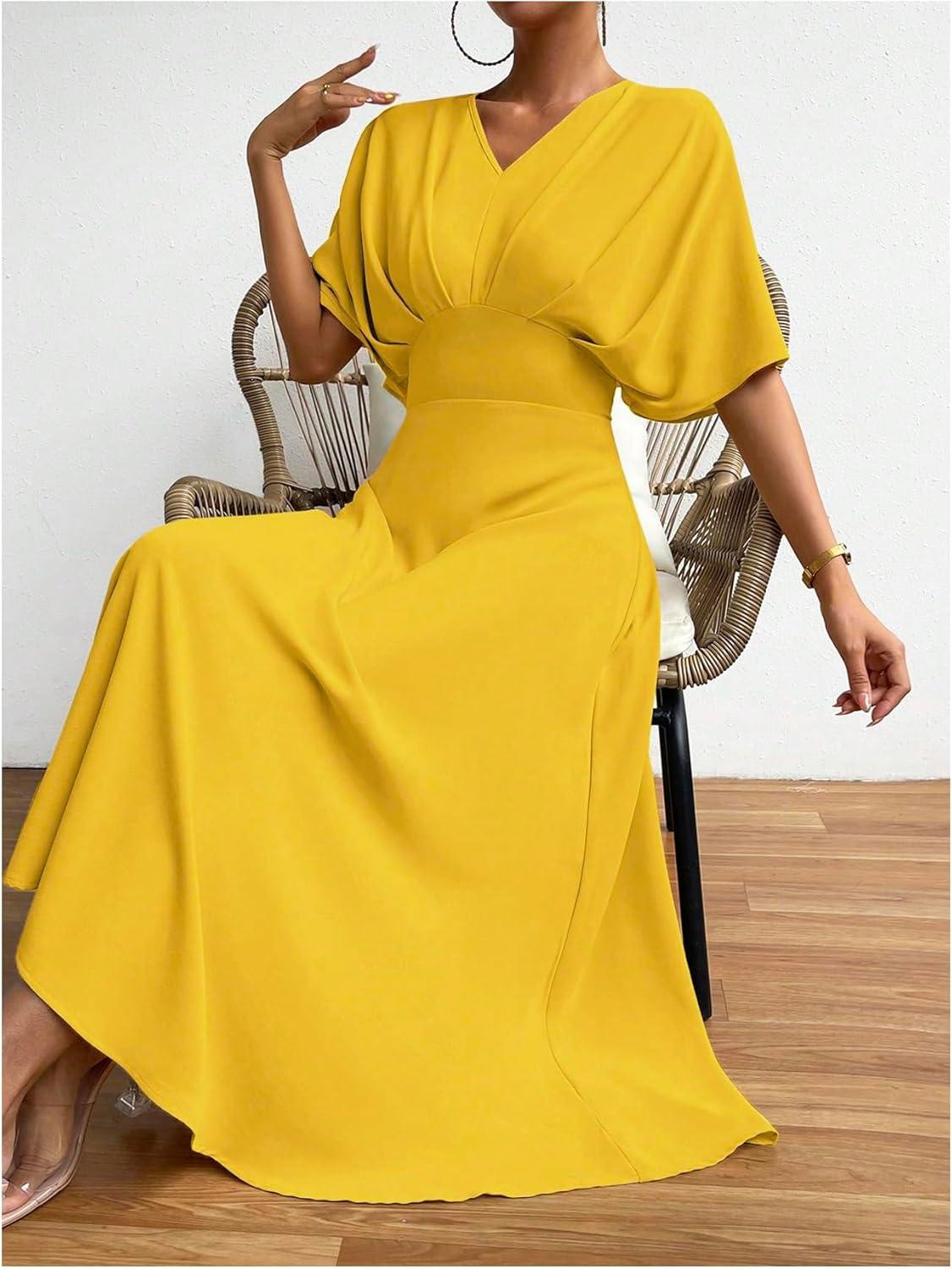 imageFloerns Womens V Neck Half Sleeve Ruched Cocktail Evening A Line Long DressSolid Yellow