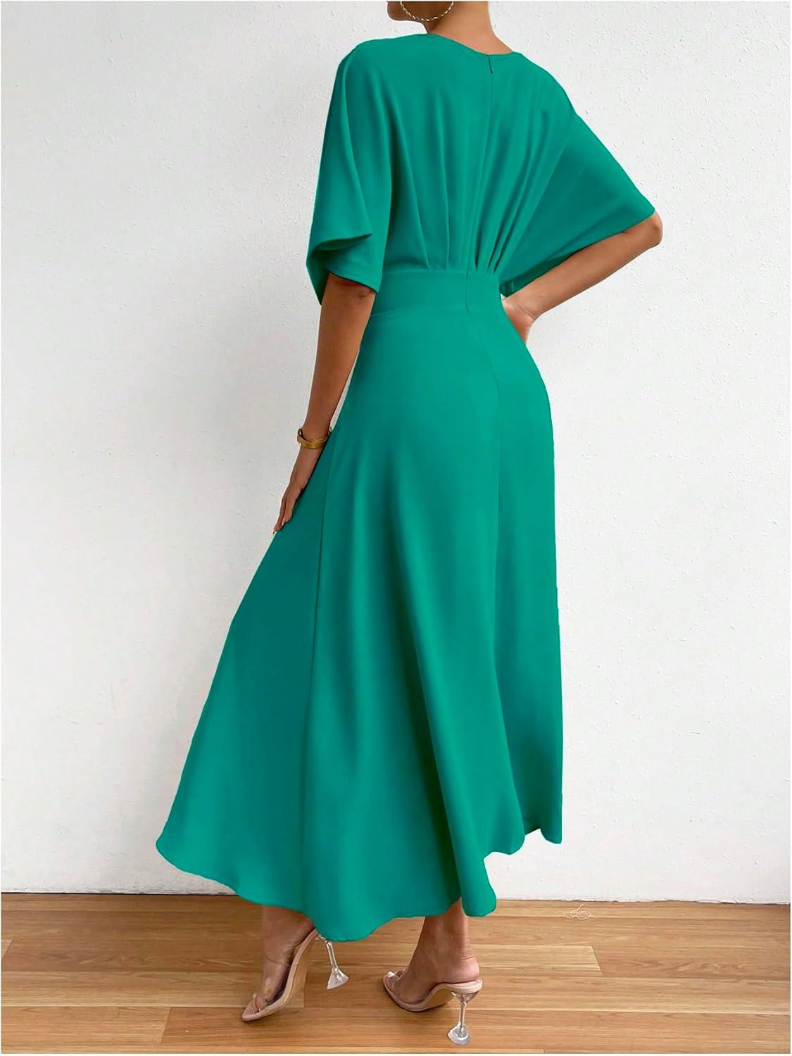 imageFloerns Womens V Neck Half Sleeve Ruched Cocktail Evening A Line Long DressTeal Blue