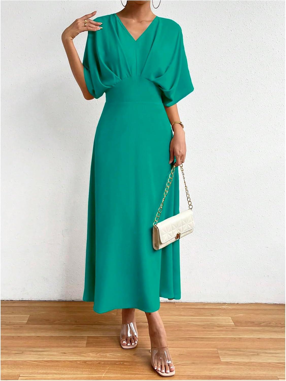 imageFloerns Womens V Neck Half Sleeve Ruched Cocktail Evening A Line Long DressTeal Blue