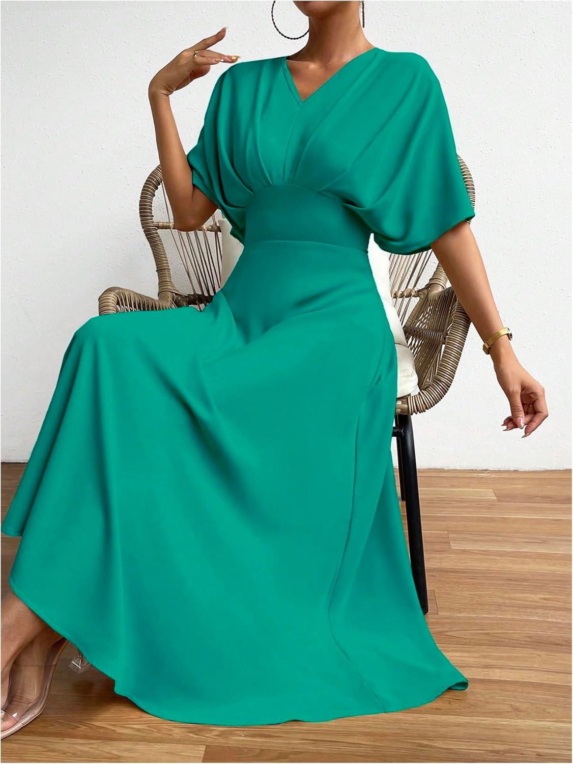 imageFloerns Womens V Neck Half Sleeve Ruched Cocktail Evening A Line Long DressTeal Blue