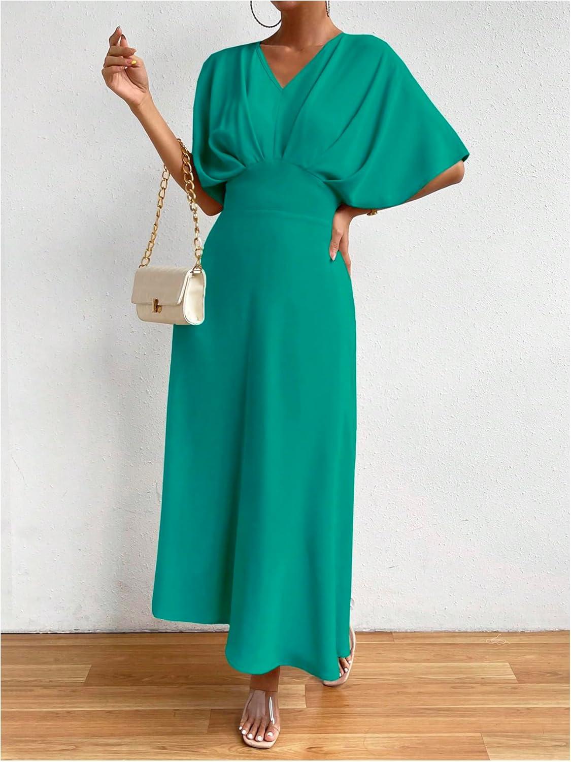 imageFloerns Womens V Neck Half Sleeve Ruched Cocktail Evening A Line Long DressTeal Blue