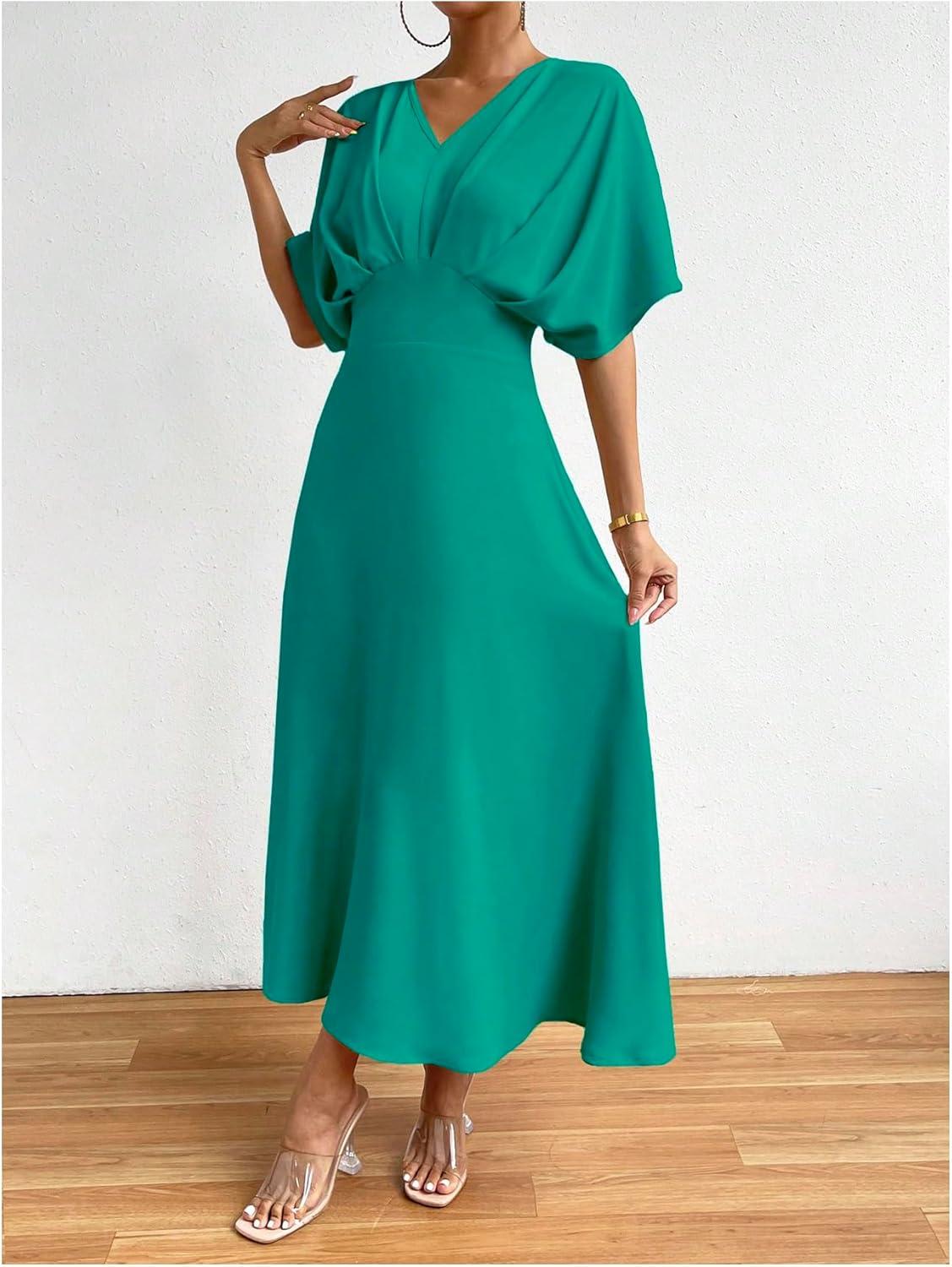 imageFloerns Womens V Neck Half Sleeve Ruched Cocktail Evening A Line Long DressTeal Blue