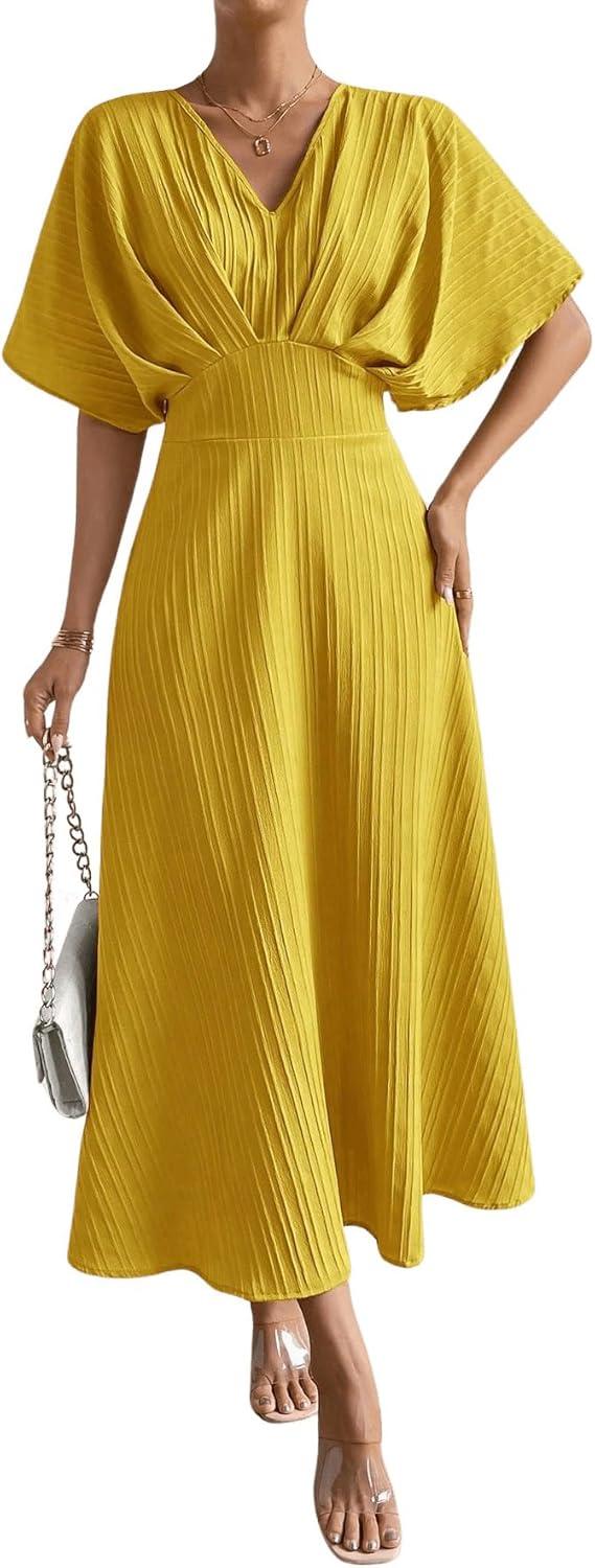 imageFloerns Womens V Neck Half Sleeve Ruched Cocktail Evening A Line Long DressYellow