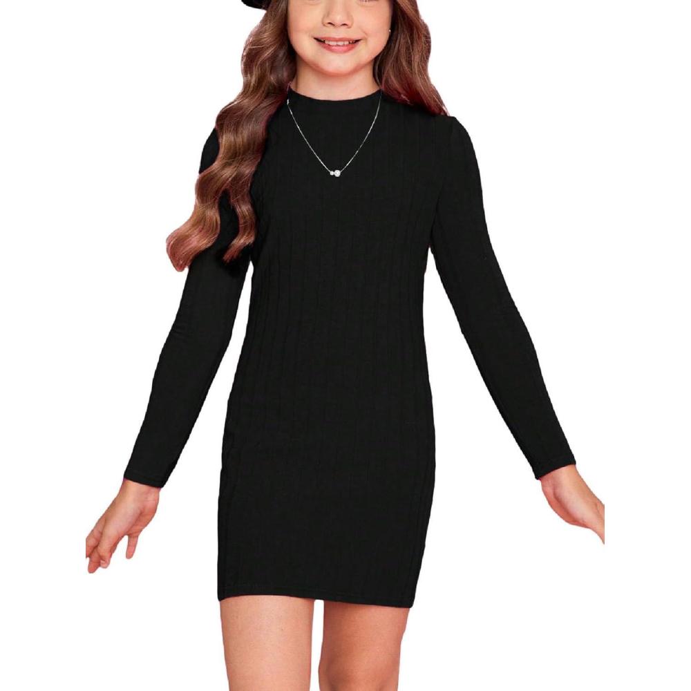 imageFloerns Girls Long Sleeve Mock Neck Rib Knit Fitted Pencil DressBlack