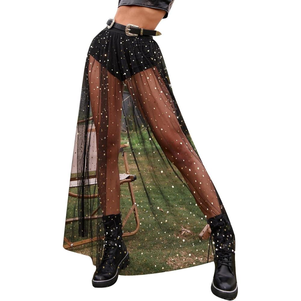 imageFloerns Womens 2 in 1 Lace Sheer Mesh High Waist Galaxy Print A Line Maxi SkirtBlack